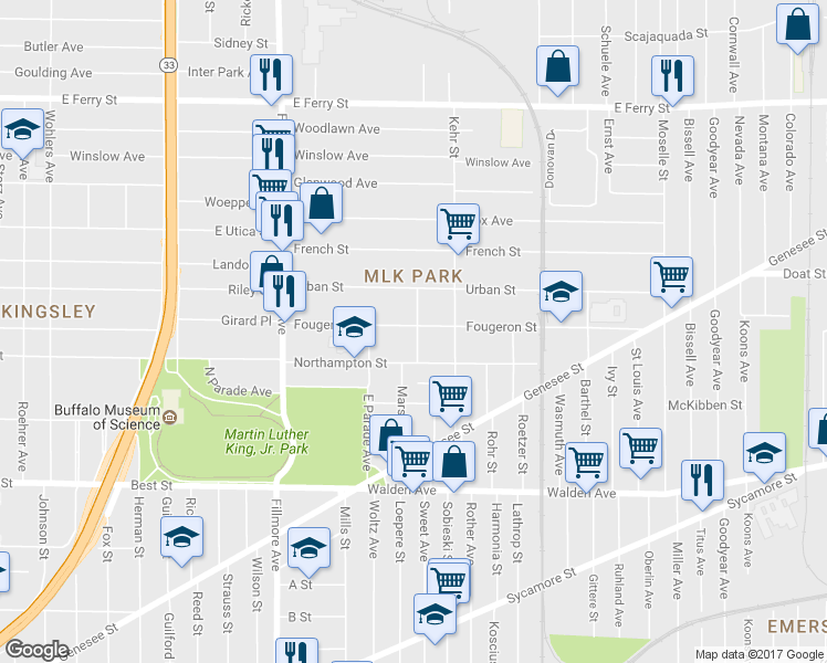 map of restaurants, bars, coffee shops, grocery stores, and more near 10 Josephine Street in Buffalo