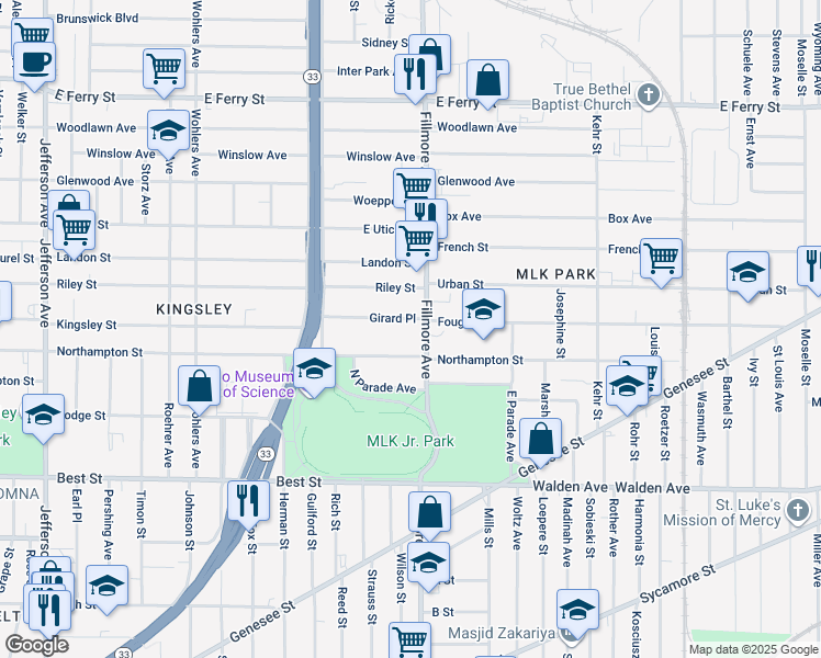 map of restaurants, bars, coffee shops, grocery stores, and more near 722 Northampton Street in Buffalo