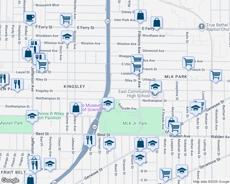 map of restaurants, bars, coffee shops, grocery stores, and more near 1022 Humboldt Parkway in Buffalo