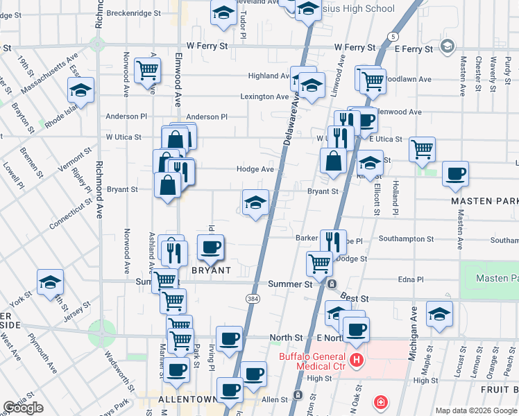 map of restaurants, bars, coffee shops, grocery stores, and more near 848 Delaware Avenue in Buffalo