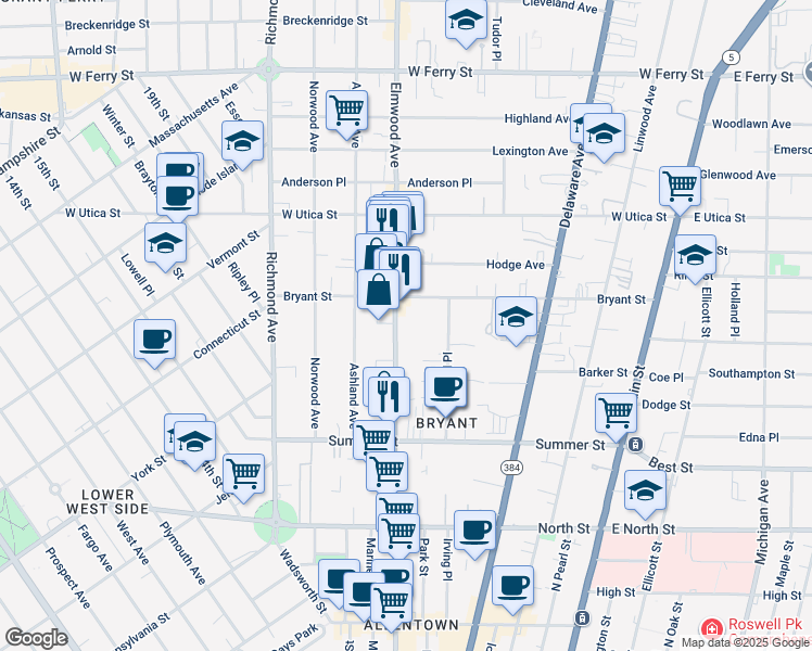 map of restaurants, bars, coffee shops, grocery stores, and more near 90 Oakland Place in Buffalo
