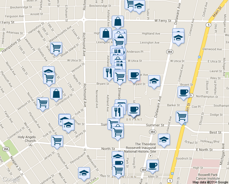 map of restaurants, bars, coffee shops, grocery stores, and more near 382 Elmwood Avenue in Buffalo