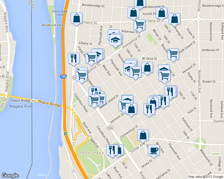 map of restaurants, bars, coffee shops, grocery stores, and more near 164 Rhode Island Street in Buffalo