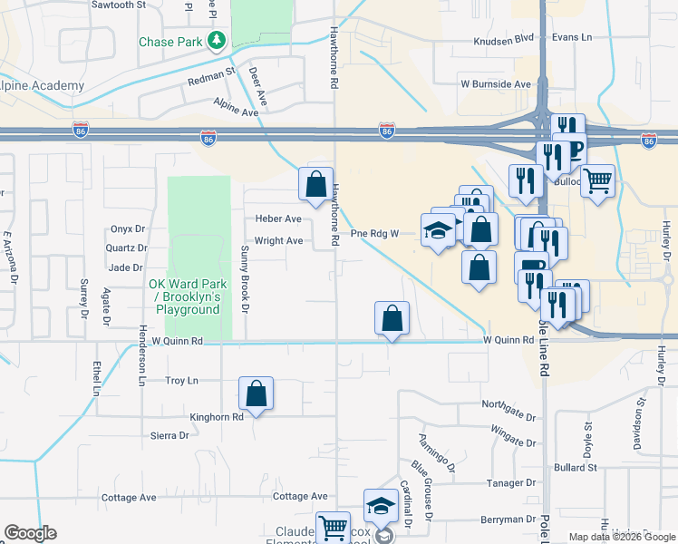 map of restaurants, bars, coffee shops, grocery stores, and more near 4040 Hawthorne Road in Pocatello
