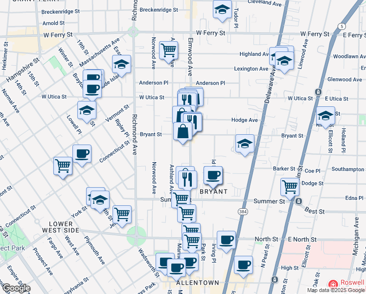 map of restaurants, bars, coffee shops, grocery stores, and more near 400 Elmwood Avenue in Buffalo