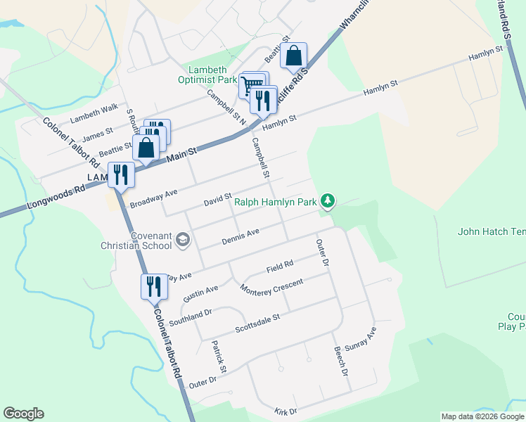 map of restaurants, bars, coffee shops, grocery stores, and more near 56 Dennis Avenue in London