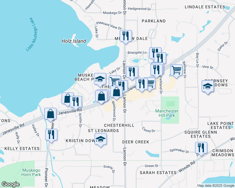 map of restaurants, bars, coffee shops, grocery stores, and more near Janesville Road in Muskego