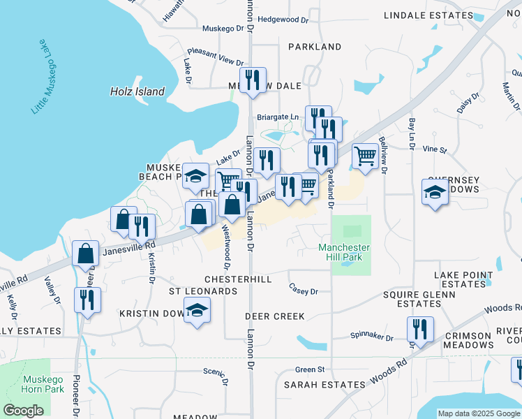 map of restaurants, bars, coffee shops, grocery stores, and more near S75W17125 Janesville Road in Muskego