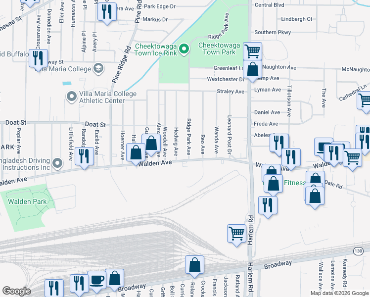 map of restaurants, bars, coffee shops, grocery stores, and more near 1228 Walden Avenue in Buffalo