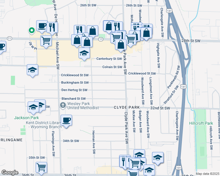 map of restaurants, bars, coffee shops, grocery stores, and more near 850 Den Hertog Street Southwest in Wyoming