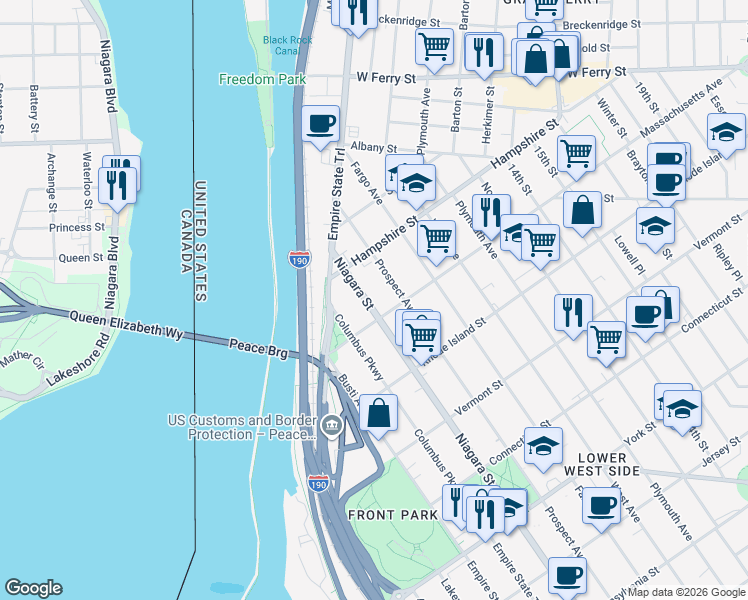 map of restaurants, bars, coffee shops, grocery stores, and more near 52 Massachusetts Avenue in Buffalo