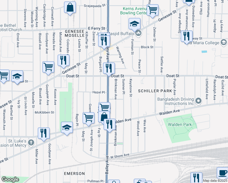 map of restaurants, bars, coffee shops, grocery stores, and more near 244 Brinkman Avenue in Buffalo