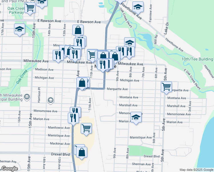 map of restaurants, bars, coffee shops, grocery stores, and more near 1001 Marquette Avenue in South Milwaukee