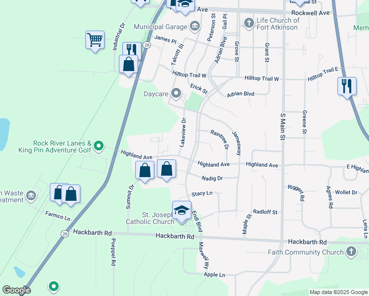 map of restaurants, bars, coffee shops, grocery stores, and more near 1445 Lakeview Drive in Fort Atkinson