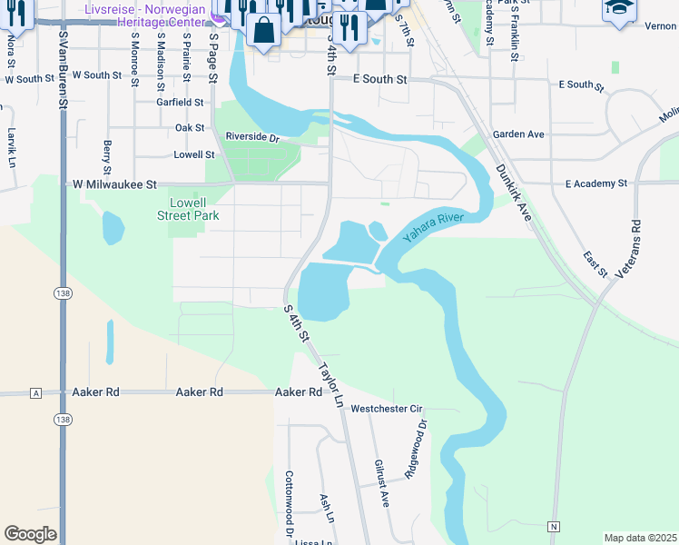 map of restaurants, bars, coffee shops, grocery stores, and more near 1207 S 4th St in Stoughton