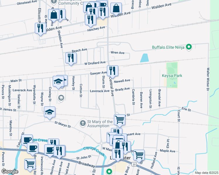 map of restaurants, bars, coffee shops, grocery stores, and more near 172 Central Avenue in Lancaster