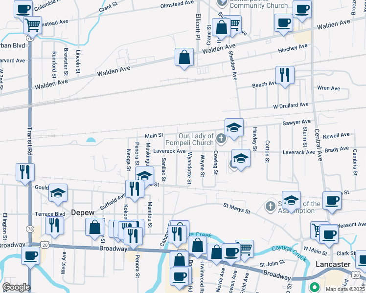 map of restaurants, bars, coffee shops, grocery stores, and more near 218 Calumet Street in Depew