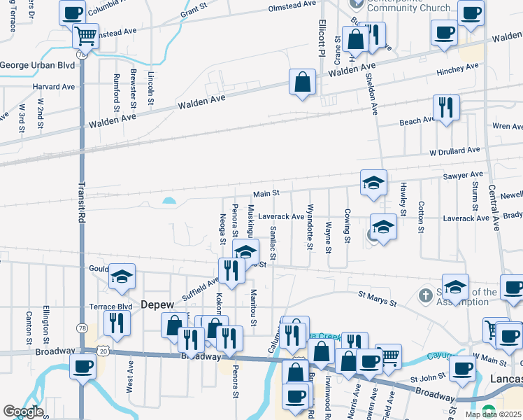 map of restaurants, bars, coffee shops, grocery stores, and more near 176 Sanilac Street in Depew