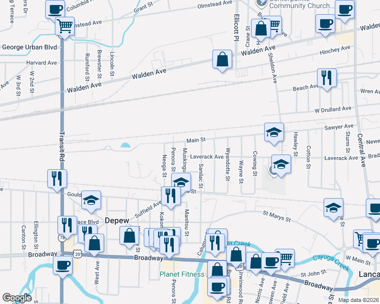 map of restaurants, bars, coffee shops, grocery stores, and more near 176 Sanilac Street in Depew