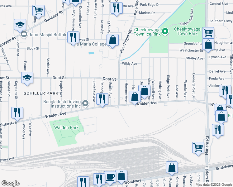 map of restaurants, bars, coffee shops, grocery stores, and more near 16 Pine Ridge Road in Buffalo