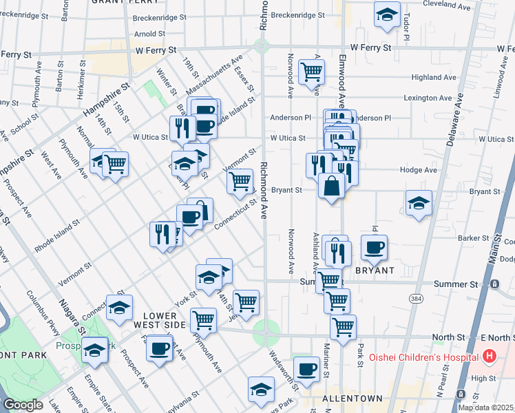 map of restaurants, bars, coffee shops, grocery stores, and more near 184 Richmond Avenue in Buffalo