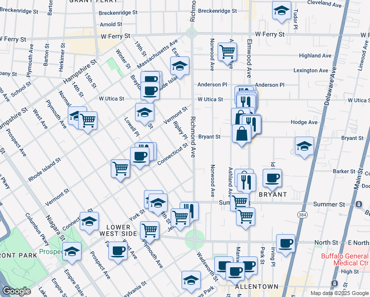 map of restaurants, bars, coffee shops, grocery stores, and more near 184 Richmond Avenue in Buffalo