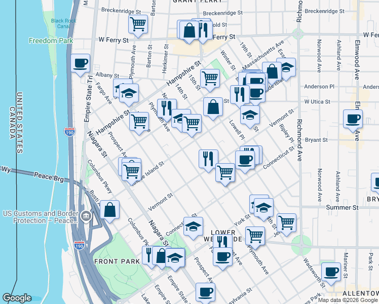 map of restaurants, bars, coffee shops, grocery stores, and more near in Buffalo