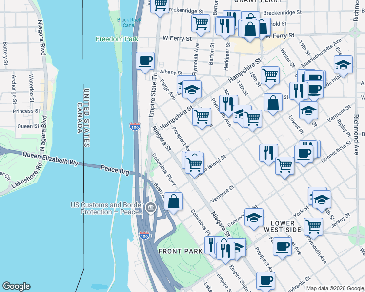 map of restaurants, bars, coffee shops, grocery stores, and more near 794 Prospect Avenue in Buffalo