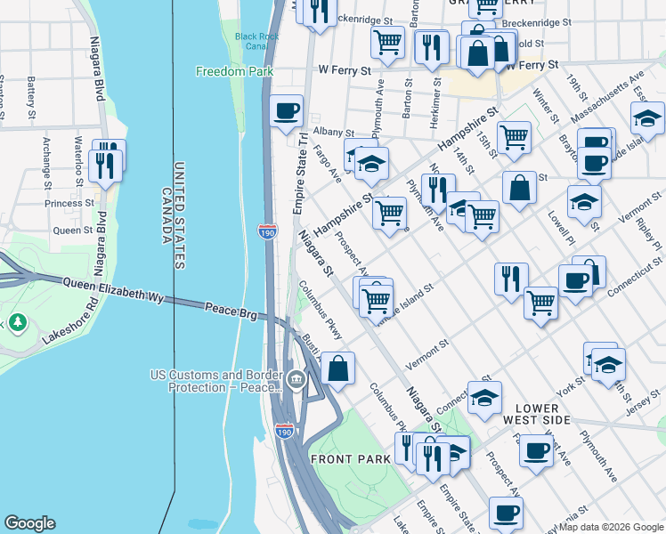 map of restaurants, bars, coffee shops, grocery stores, and more near 52 Massachusetts Avenue in Buffalo