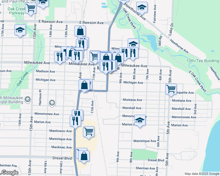 map of restaurants, bars, coffee shops, grocery stores, and more near 1001 Marquette Avenue in South Milwaukee