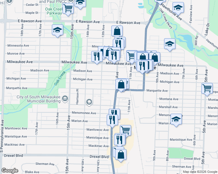 map of restaurants, bars, coffee shops, grocery stores, and more near 1216 Marquette Avenue in South Milwaukee
