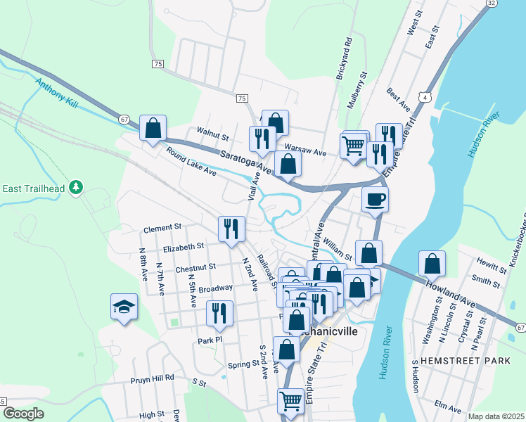 map of restaurants, bars, coffee shops, grocery stores, and more near 98 Tenandaho Lane in Mechanicville