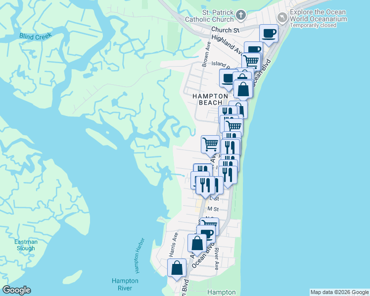 map of restaurants, bars, coffee shops, grocery stores, and more near 23 Manchester Street in Hampton