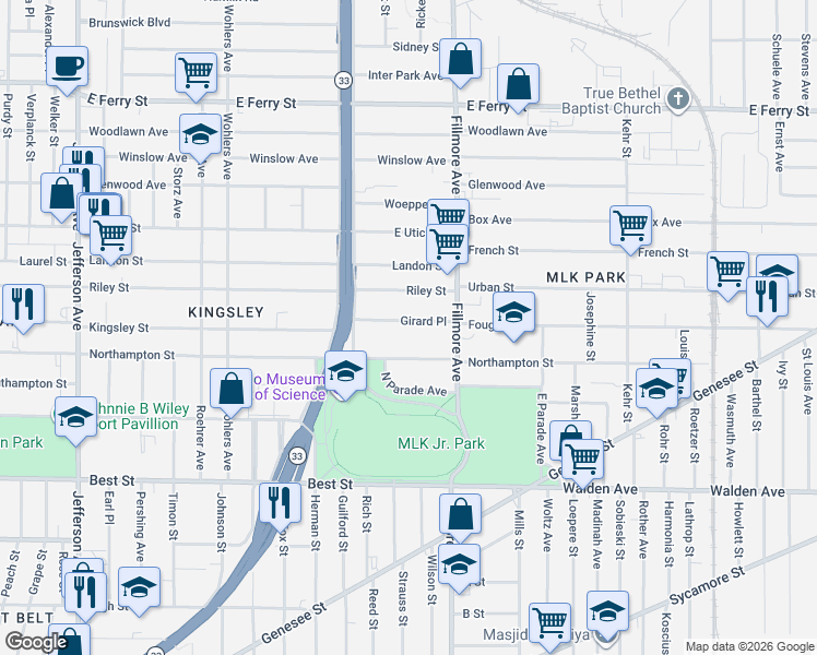 map of restaurants, bars, coffee shops, grocery stores, and more near 55 Girard Place in Buffalo