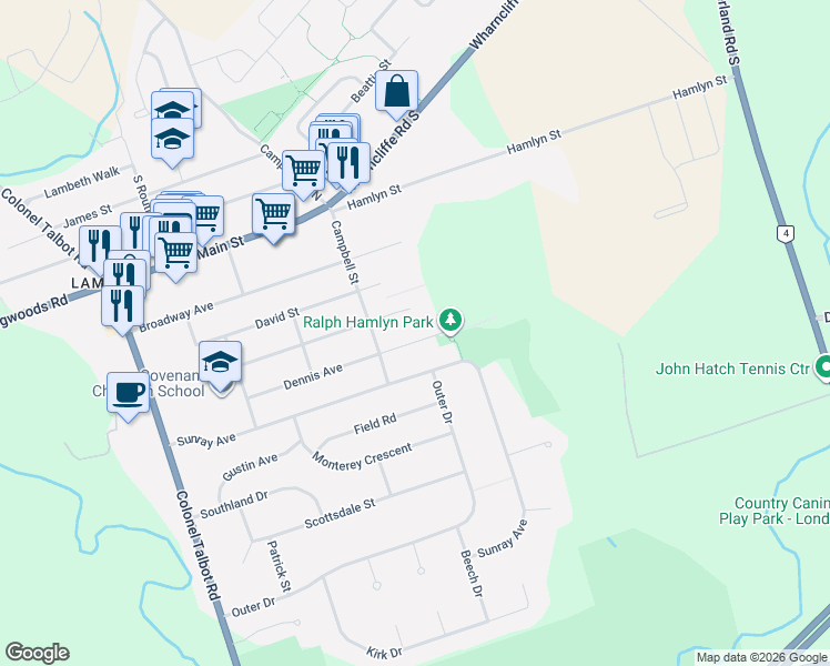map of restaurants, bars, coffee shops, grocery stores, and more near 78 Dennis Avenue in London