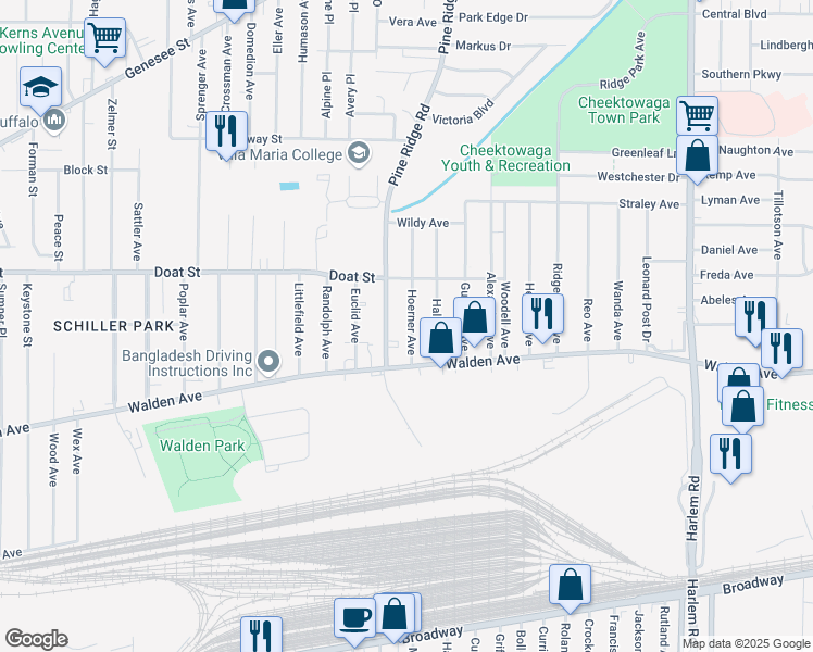 map of restaurants, bars, coffee shops, grocery stores, and more near 42 Hoerner Avenue in Buffalo