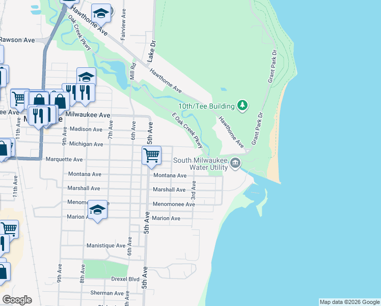 map of restaurants, bars, coffee shops, grocery stores, and more near 305 Michigan Avenue in South Milwaukee