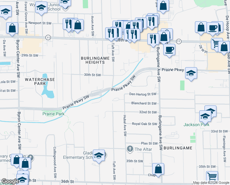 map of restaurants, bars, coffee shops, grocery stores, and more near 3038 Taft Avenue Southwest in Wyoming