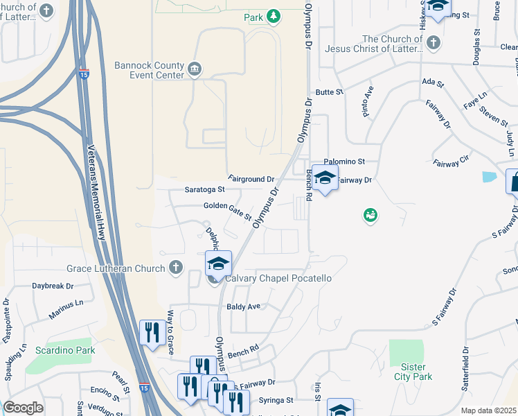 map of restaurants, bars, coffee shops, grocery stores, and more near 1838 Derby Street in Pocatello