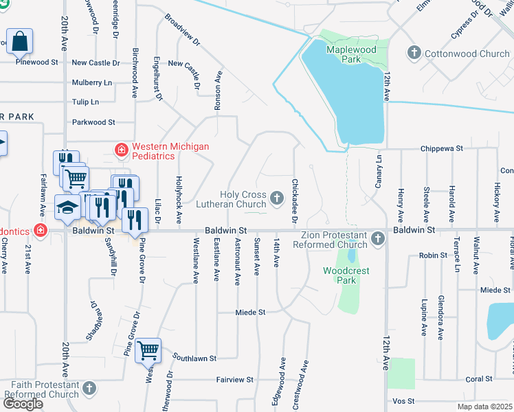 map of restaurants, bars, coffee shops, grocery stores, and more near 1515 Baldwin Street in Georgetown Township