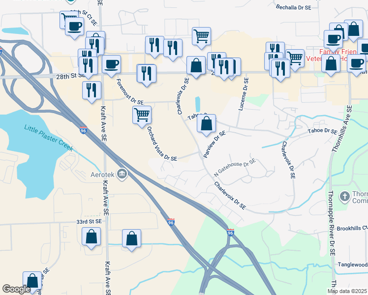 map of restaurants, bars, coffee shops, grocery stores, and more near 3041 Charlevoix Drive Southeast in Grand Rapids