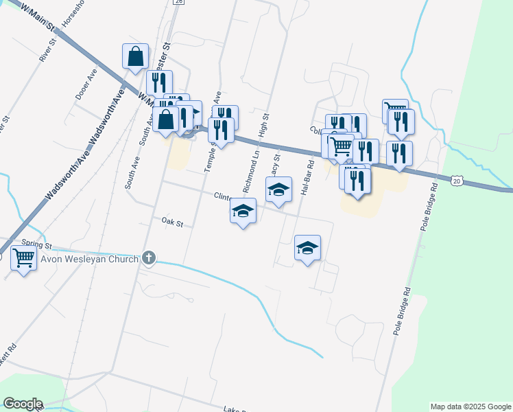 map of restaurants, bars, coffee shops, grocery stores, and more near 161 Clinton Street in Avon
