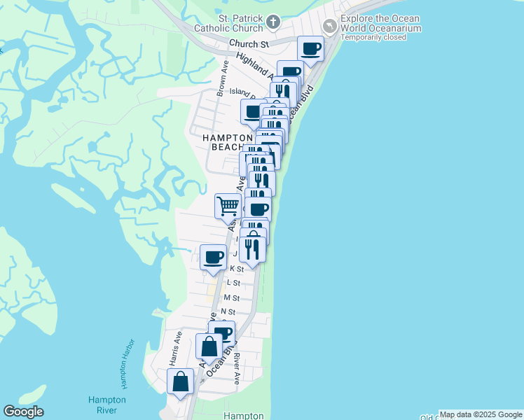 map of restaurants, bars, coffee shops, grocery stores, and more near 169 Ocean Boulevard in Hampton
