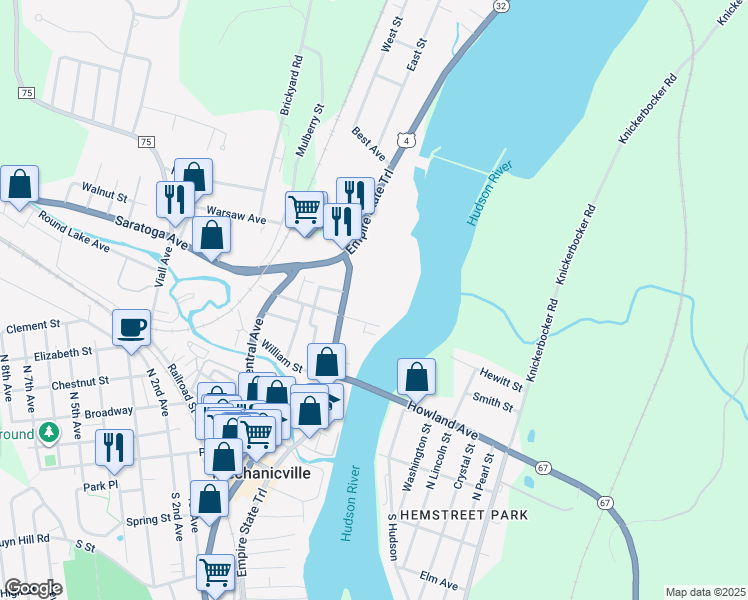 map of restaurants, bars, coffee shops, grocery stores, and more near 190 North Main Street in Mechanicville