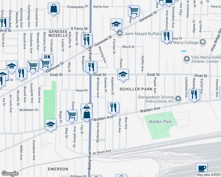 map of restaurants, bars, coffee shops, grocery stores, and more near 281 Sumner Place in Buffalo