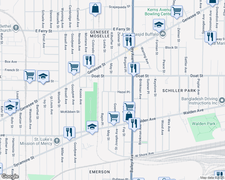 map of restaurants, bars, coffee shops, grocery stores, and more near 162 Goembel Avenue in Buffalo