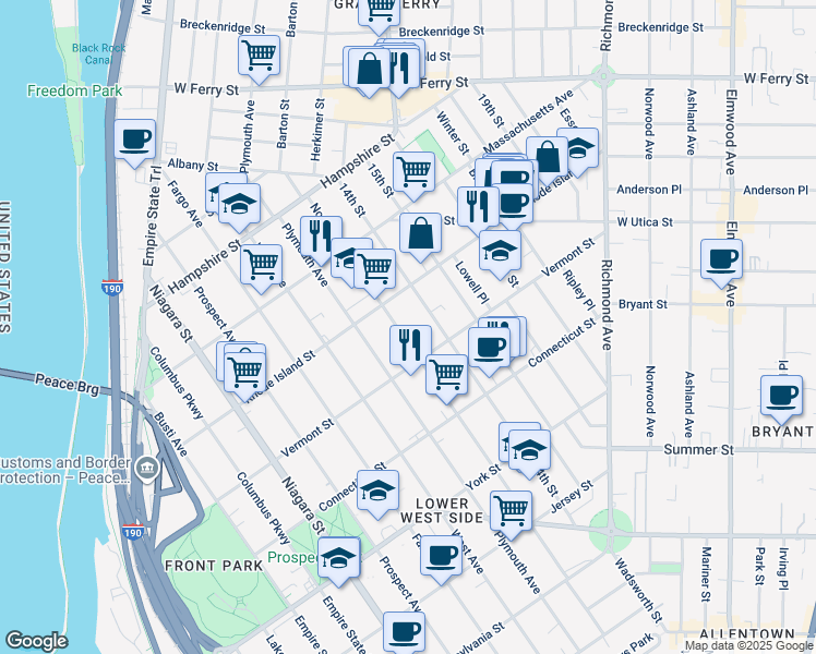 map of restaurants, bars, coffee shops, grocery stores, and more near 322 14th Street in Buffalo