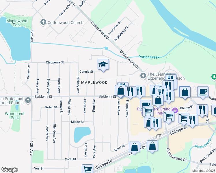 map of restaurants, bars, coffee shops, grocery stores, and more near 7709 Coachman Lane in Georgetown Township