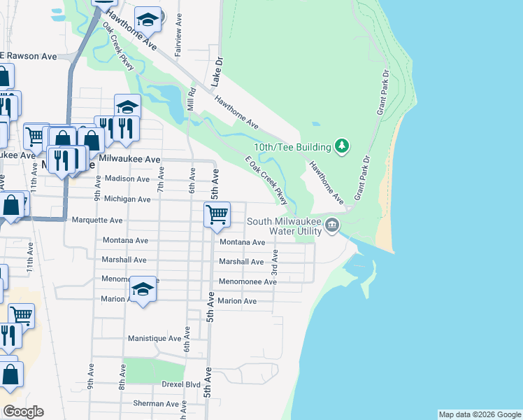 map of restaurants, bars, coffee shops, grocery stores, and more near 317 Michigan Avenue in South Milwaukee