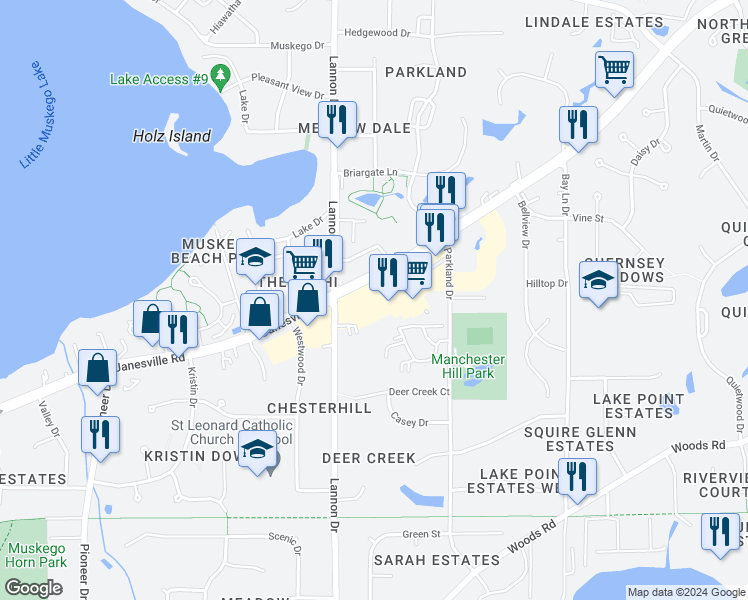 map of restaurants, bars, coffee shops, grocery stores, and more near s74w17090 Janesville Road in Muskego
